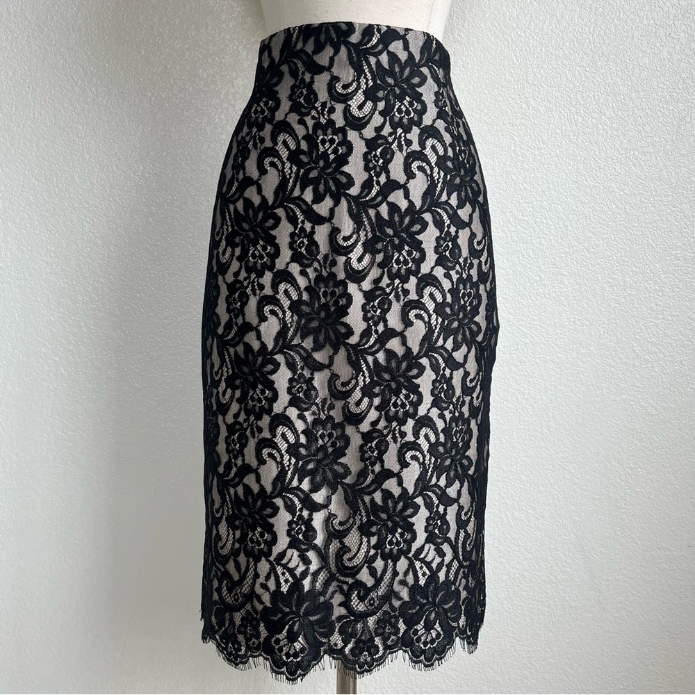 💓Lafayette 148 Cream And Black Floral Lace Length Fitted Pencil Skirt - Size 6